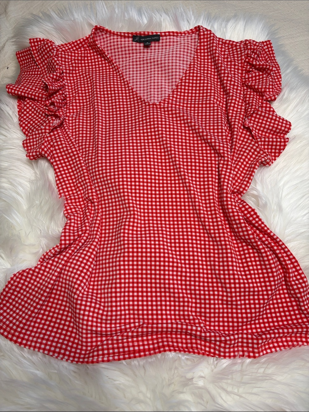 Adrianna Papell Red Gingham V-Neck Ruffle Sleeve Top
